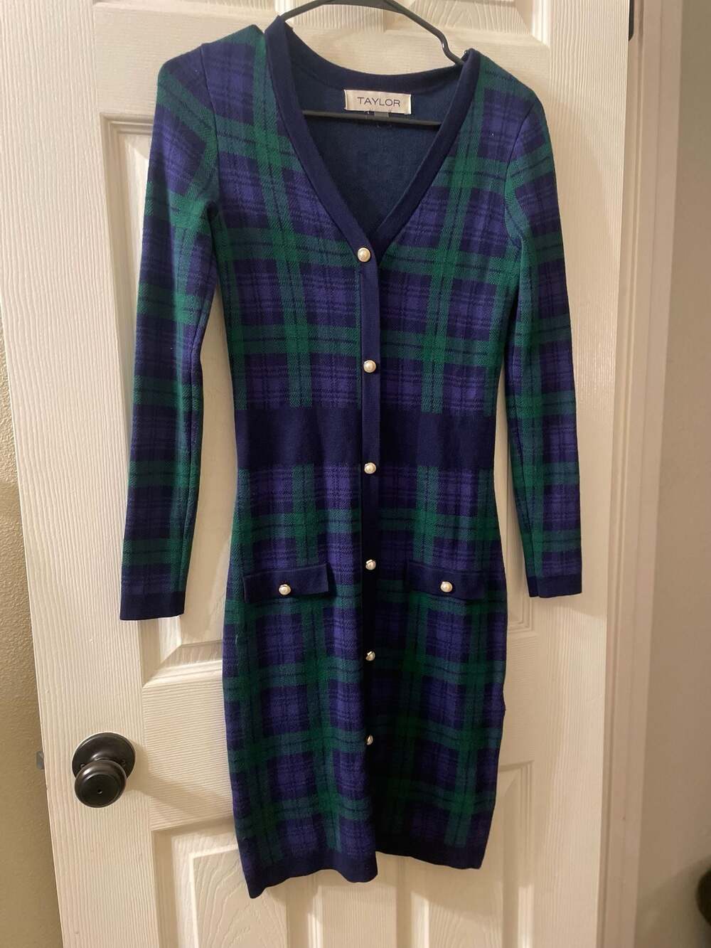 Taylor Plaid Knit Cardigan Dress with Pearl Buttons Size XS
